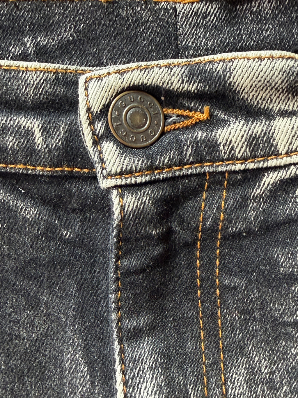 Gucci SS19 Runway Marble-Wash Buckle Skinny Jeans
