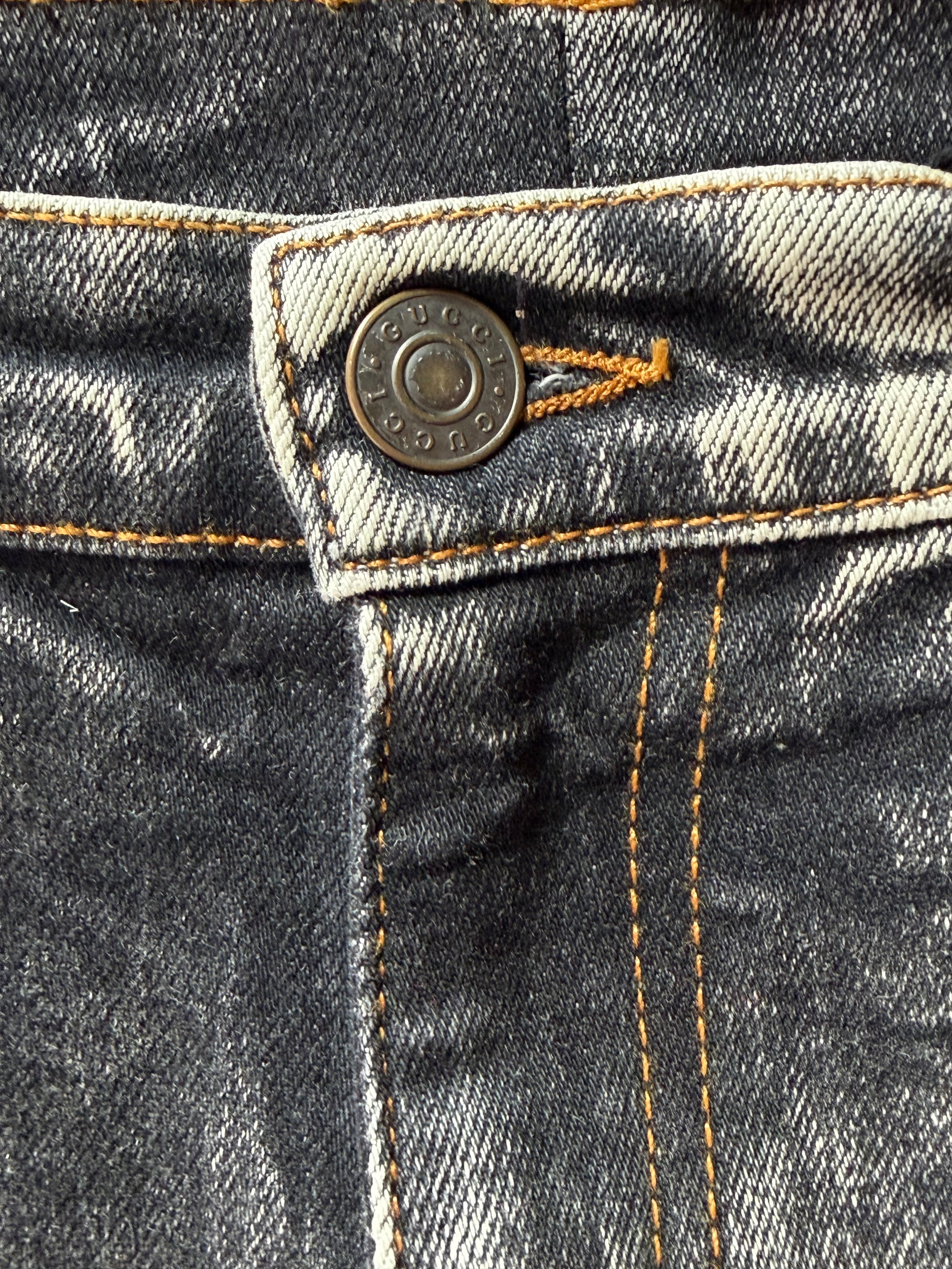 Gucci SS19 Runway Marble-Wash Buckle Skinny Jeans