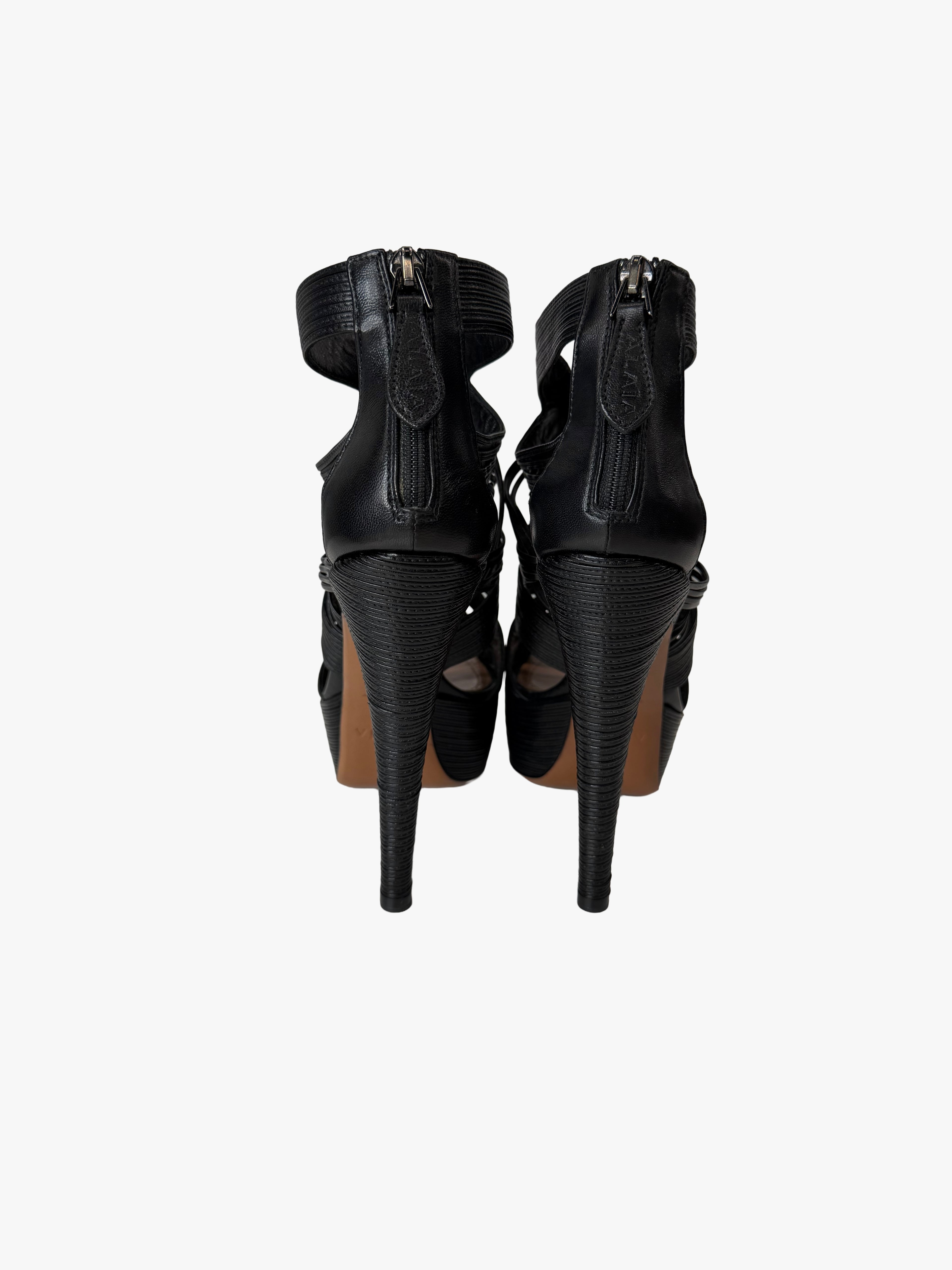 Alaïa Black Leather Tubular Caged Gladiator Heels