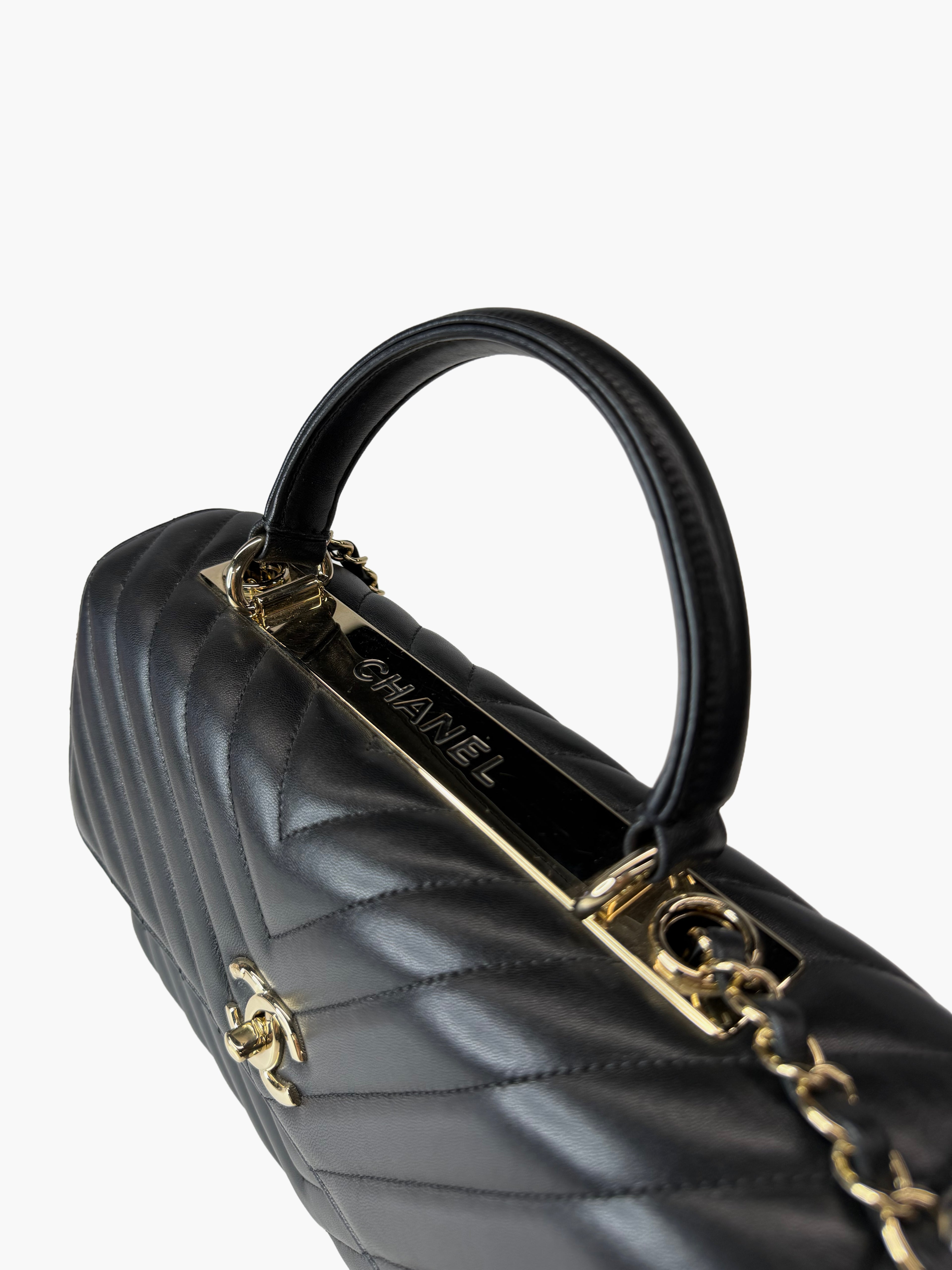 Chanel Trendy CC Top Handle Bag – Black Lambskin Chevron with Gold Hardware