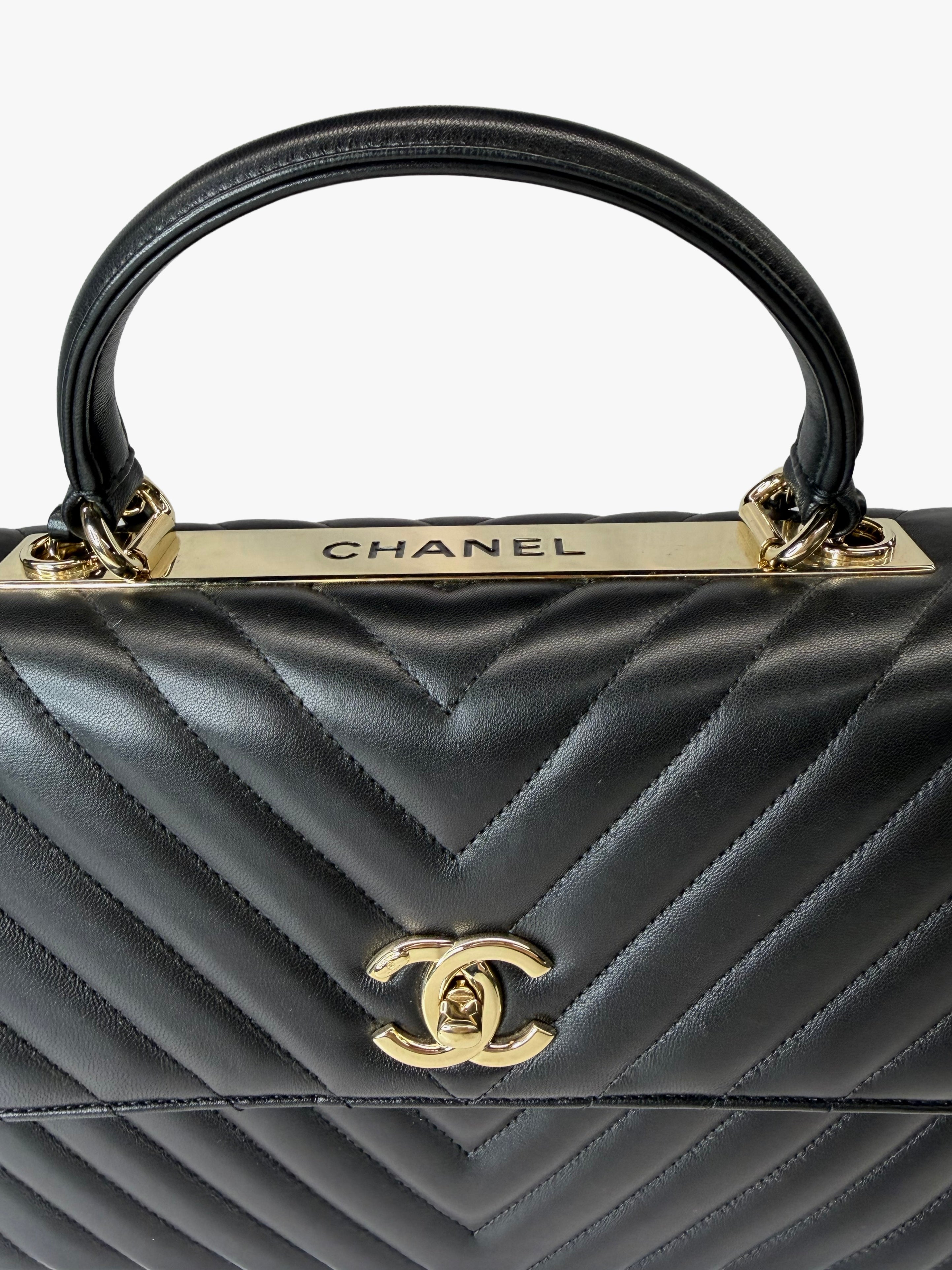 Chanel Trendy CC Top Handle Bag – Black Lambskin Chevron with Gold Hardware
