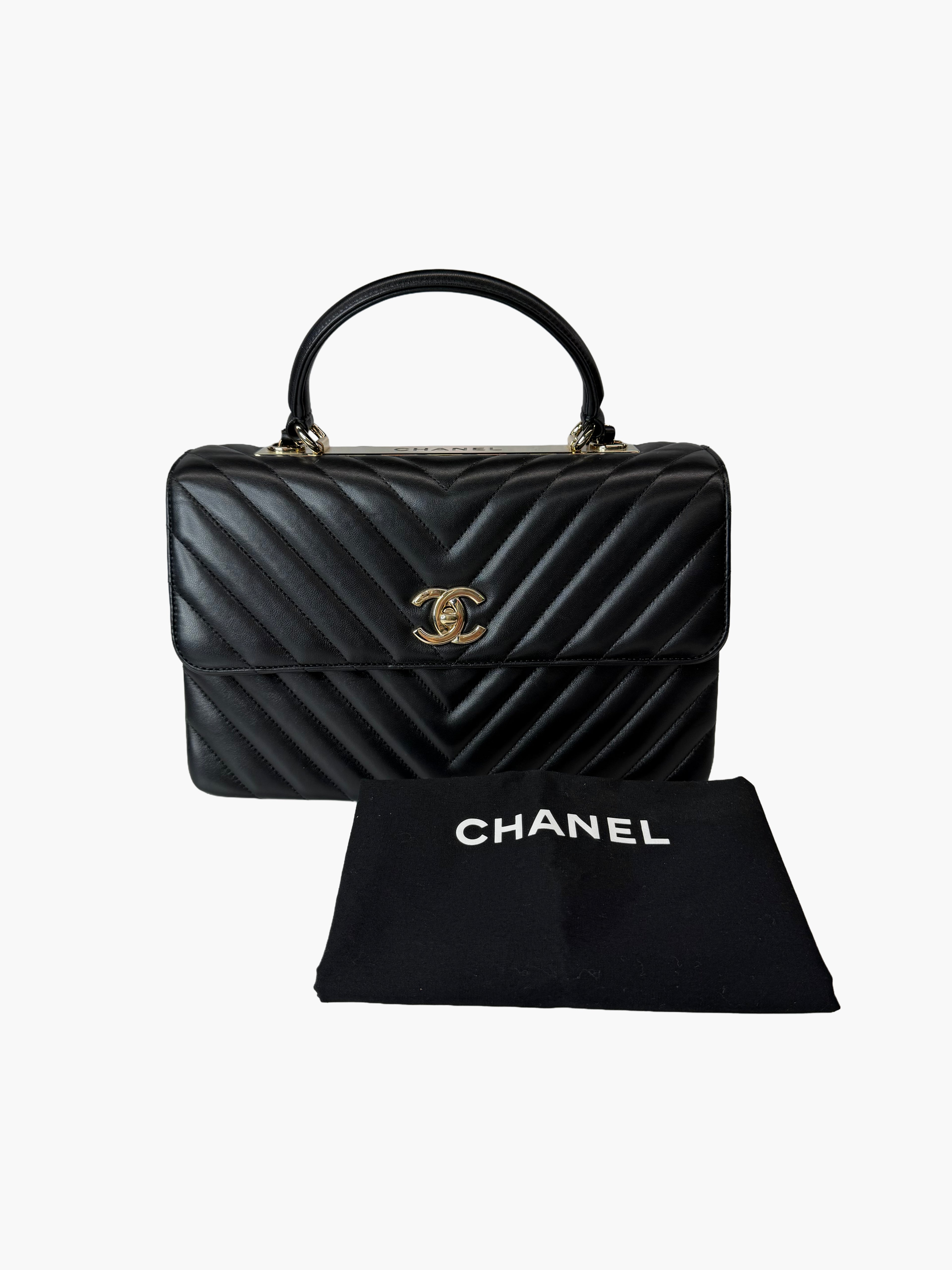Chanel Trendy CC Top Handle Bag – Black Lambskin Chevron with Gold Hardware