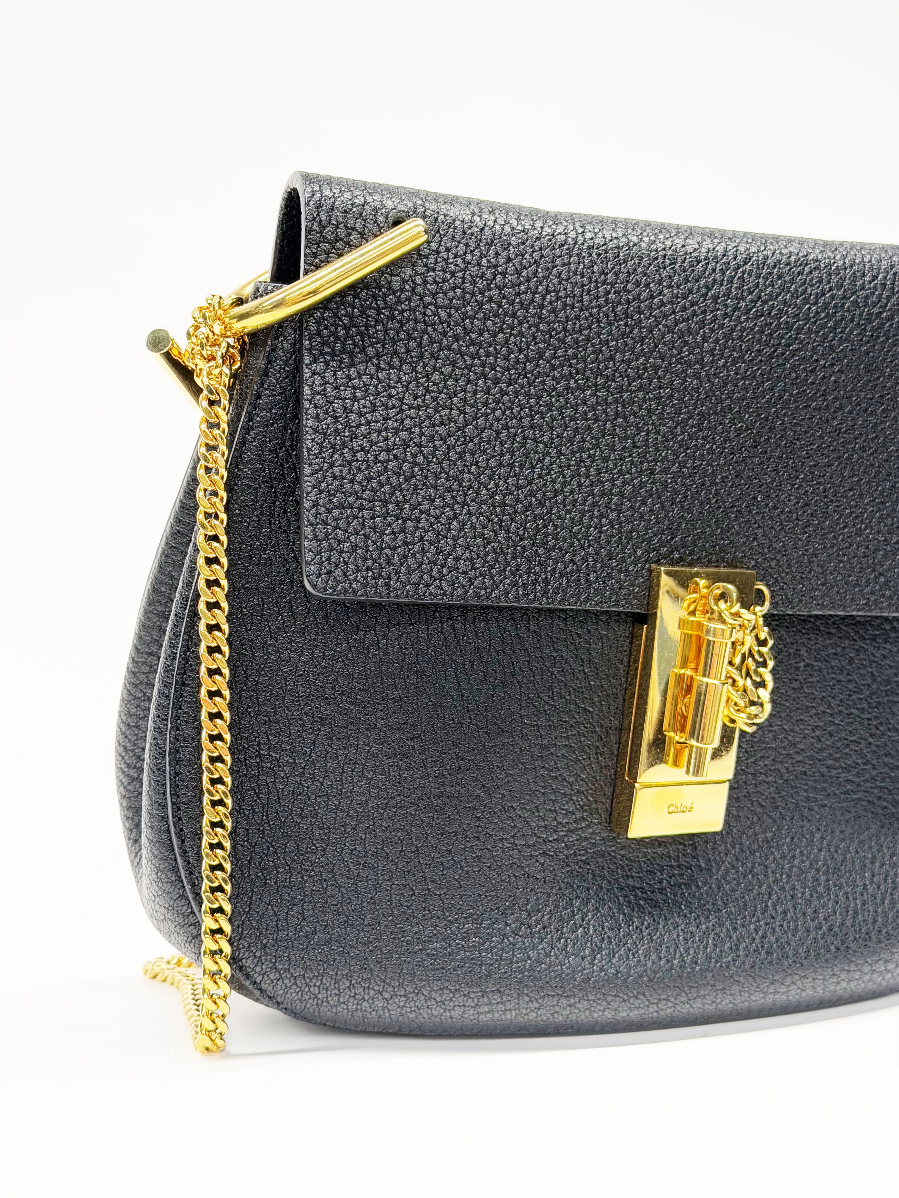 Chloé Drew Black Grained Leather Chain Shoulder Bag Gold Hardware 2015