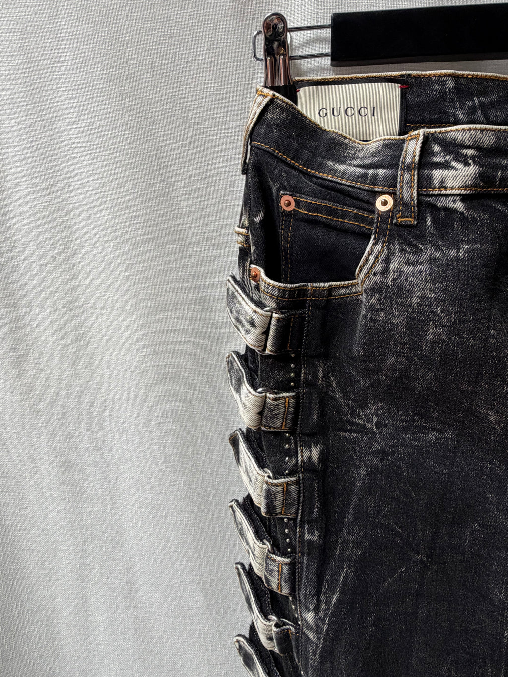 Gucci SS19 Runway Marble-Wash Buckle Skinny Jeans