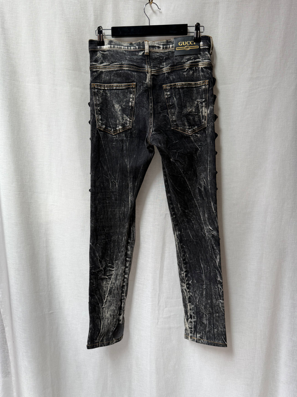 Gucci SS19 Runway Marble-Wash Buckle Skinny Jeans