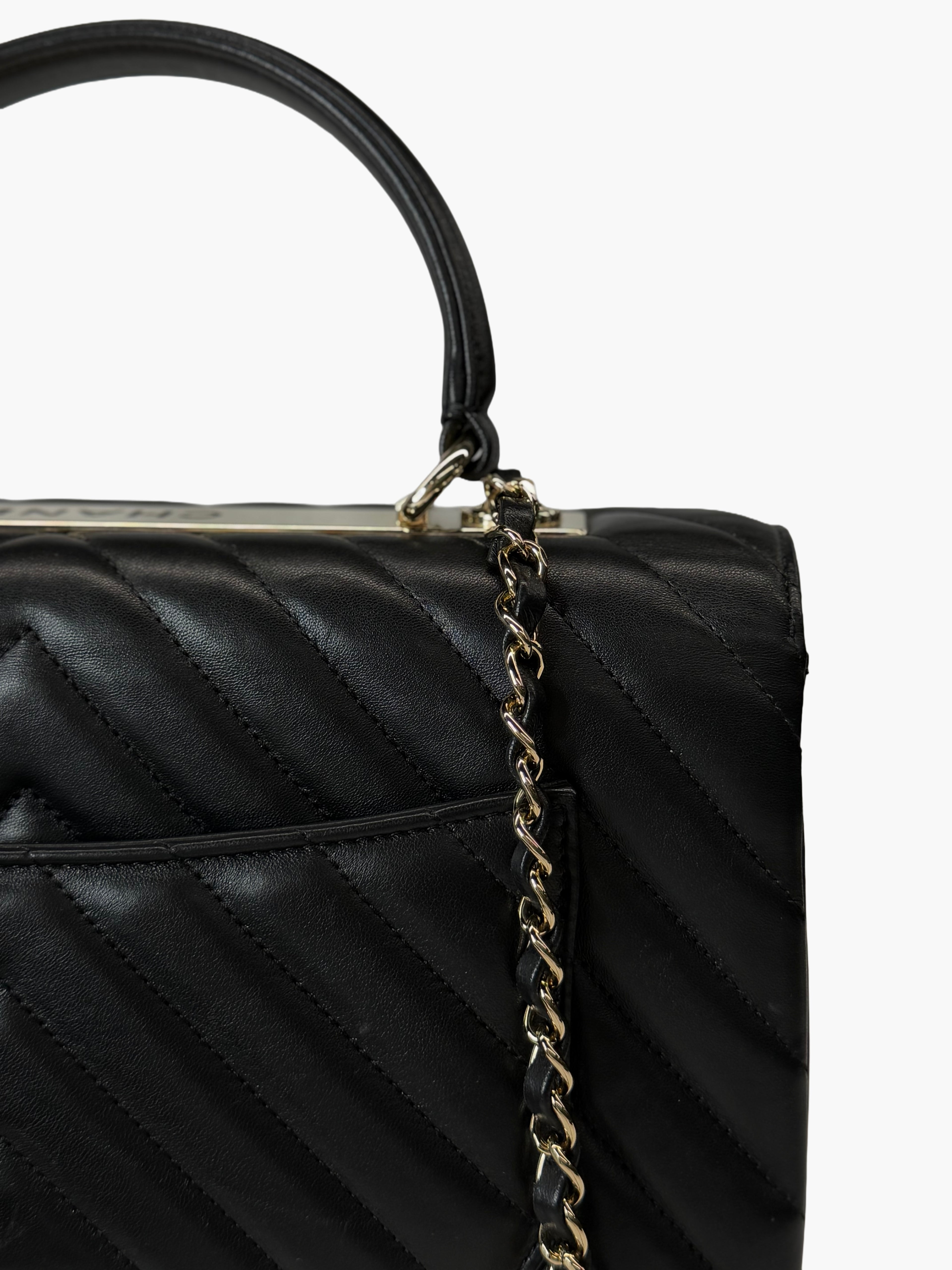 Chanel Trendy CC Top Handle Bag – Black Lambskin Chevron with Gold Hardware