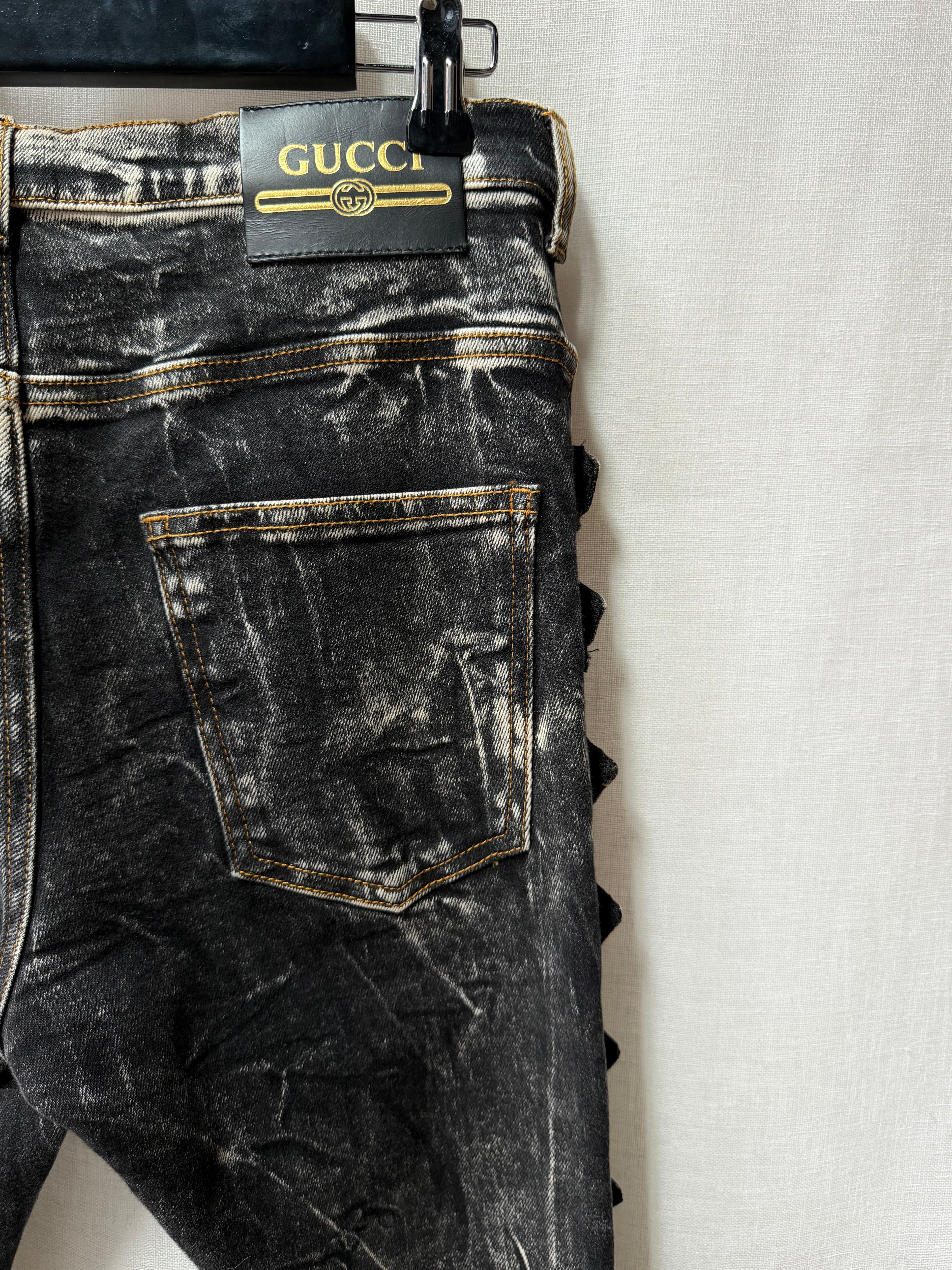 Gucci SS19 Runway Marble-Wash Buckle Skinny Jeans